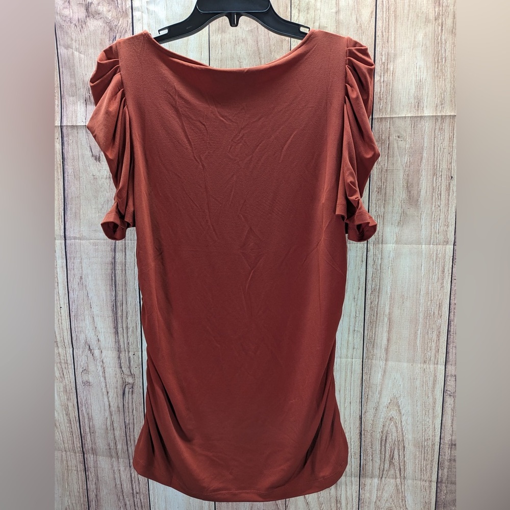 DKNY‎ Dusty muave balloon sleeve blouse ruffled sleeves stretchy size L NWOT - Picture 5 of 6